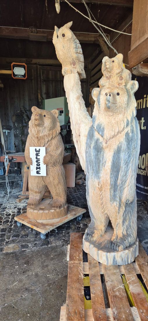 Bär mit Jungem und Eule aus Holz